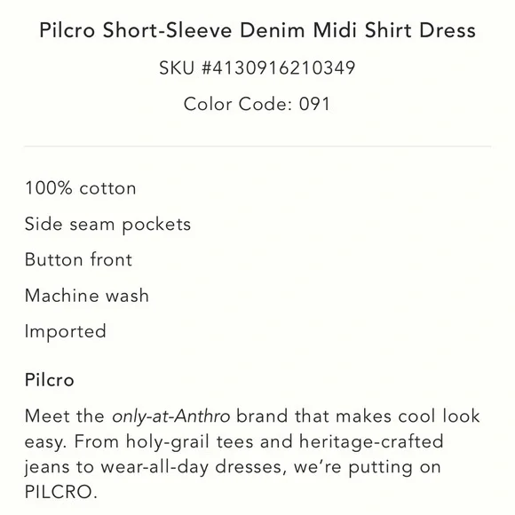 NWT Anthropologie Pilcro Short Sleeve Denim Button-Up Midi Shirt Dress - Picture 11 of 11